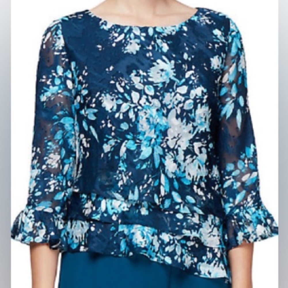 Alex Evening Blue Floral Chiffon Top Medium Petite Asymmetrical Formal Blouse‎